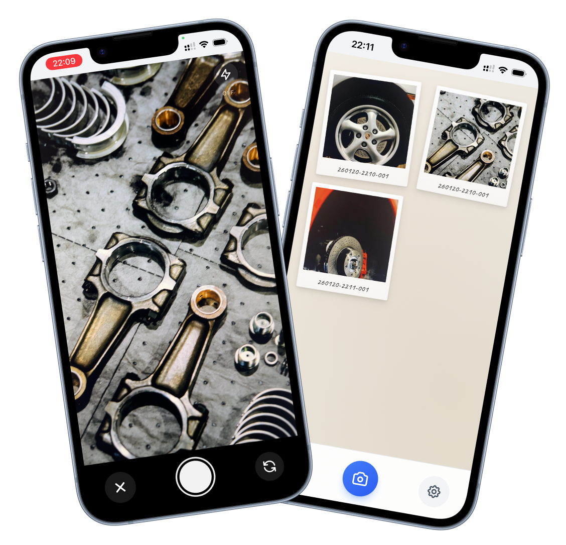 Camera6 app on two phones showing vehicle photo capture and gallery