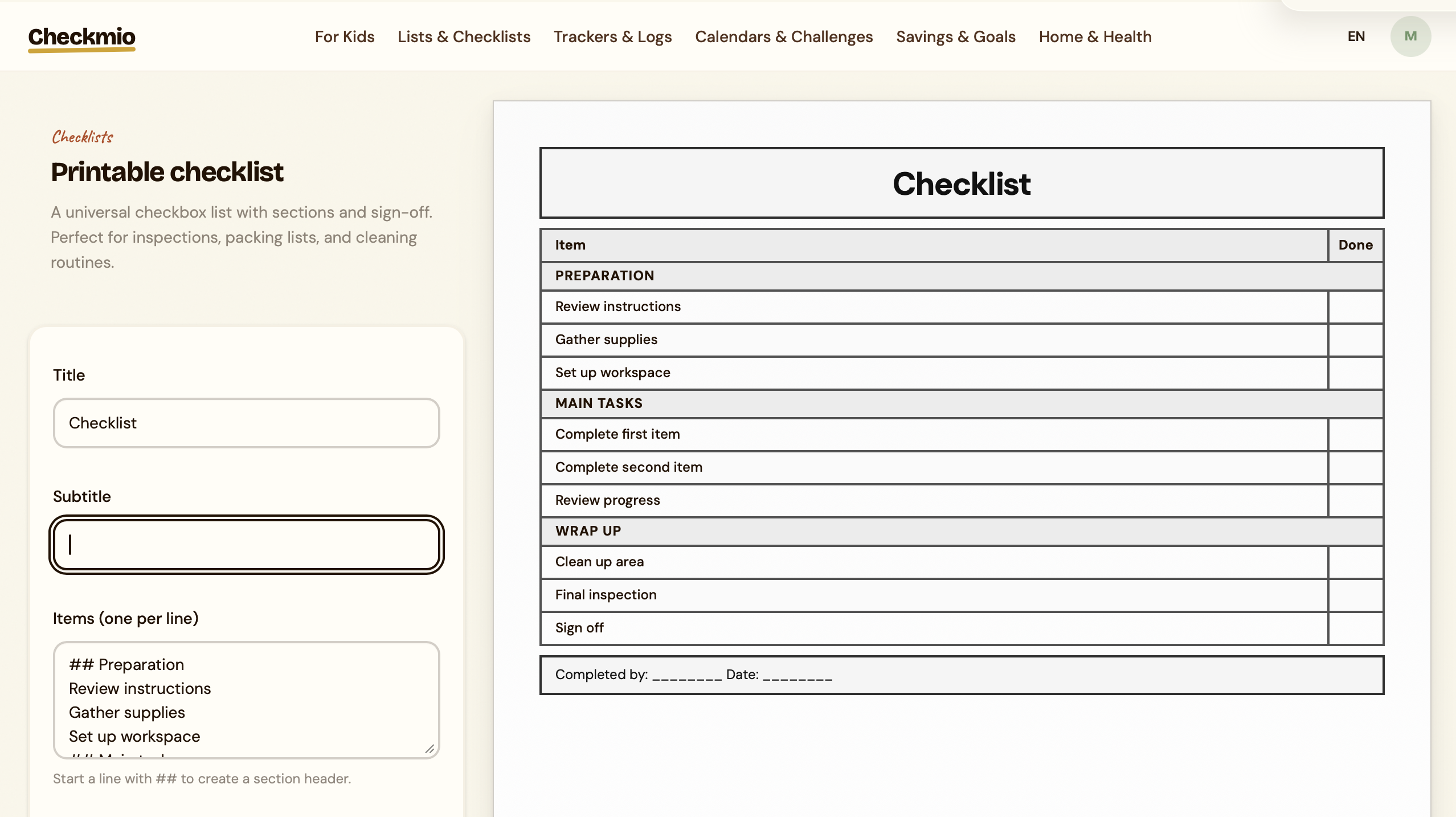 Checkmio printable checklist generator