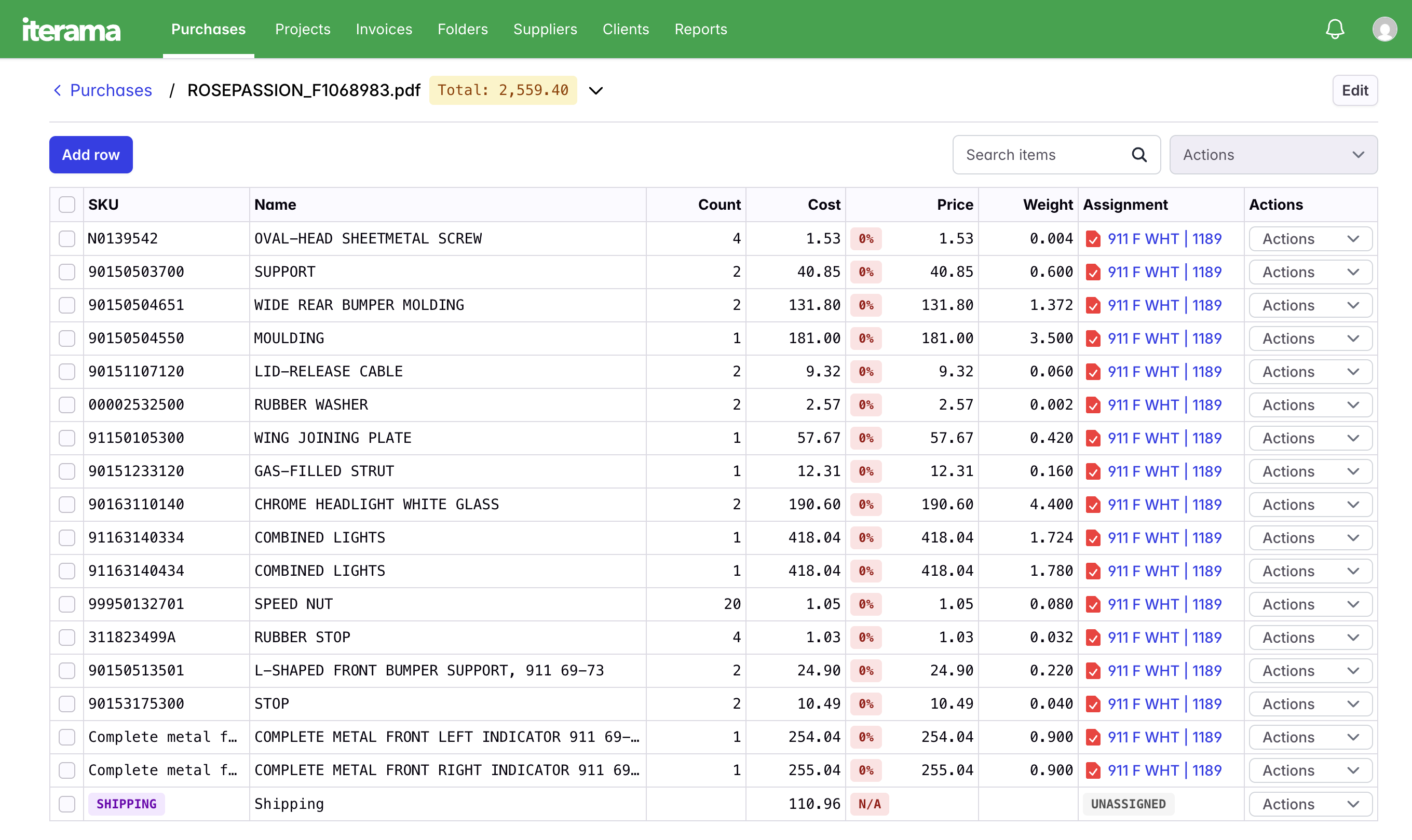 Iterama inventory system showing Porsche parts list